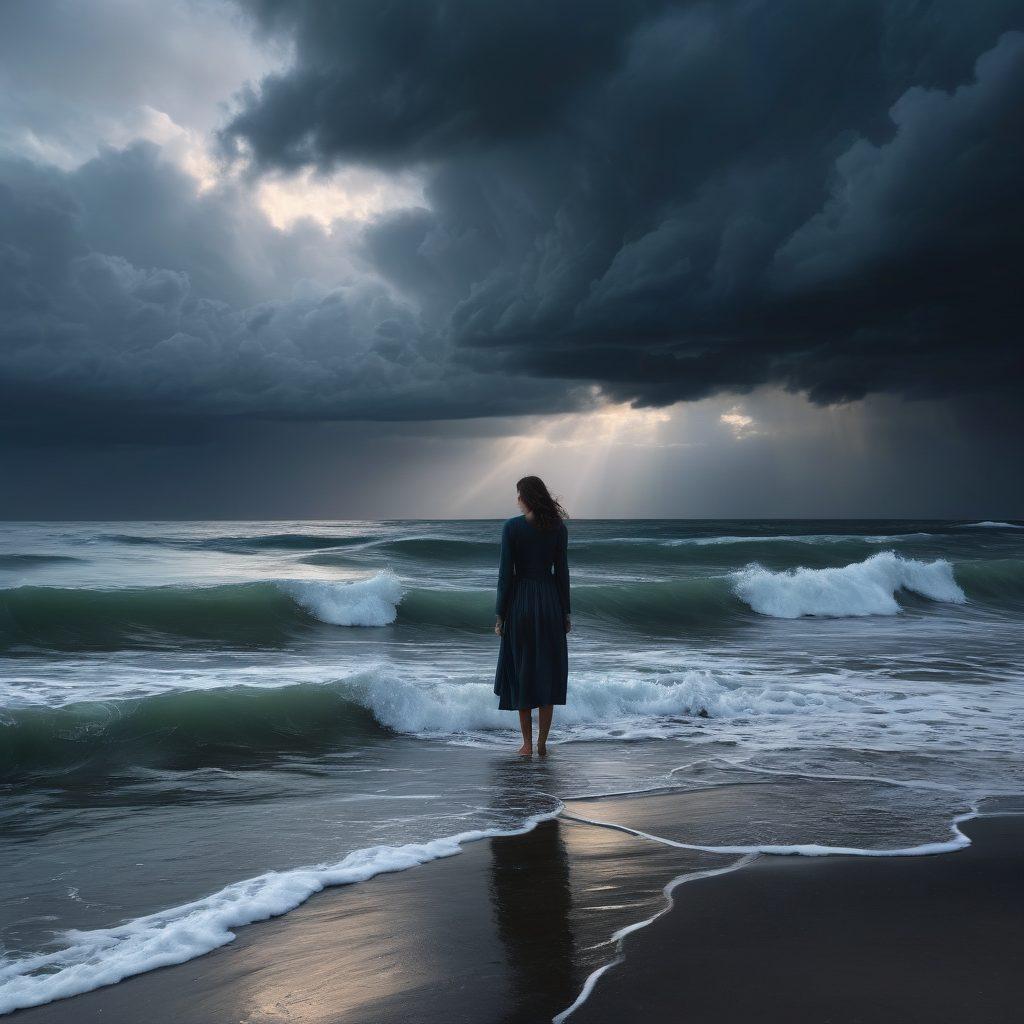 A serene yet somber landscape depicting a solitary figure, Nadine J, standing at the edge of a dark, turbulent ocean, gazing contemplatively at stormy clouds. Ethereal shadows symbolize emotional struggles surrounding her, with gentle waves lapping at her feet representing moments of reflection. The color palette features deep blues, grays, and soft purples to evoke a sense of sorrow mixed with hope. super-realistic. dramatic lighting. vibrant colors.