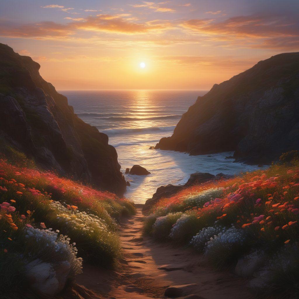 A striking visual journey transitioning from a shadowy landscape to a bright, sunlit horizon, symbolizing the journey from melancholy to healing. Incorporate elements like gentle waves crashing against a rocky shore, a figure walking toward the light, and blooming flowers emerging from the darkness. Use soft, ethereal lighting that evokes warmth and hope. super-realistic. vibrant colors. light pastel hues.