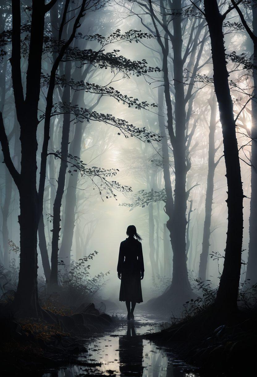 A solitary figure walking through a misty forest, embodying emotional contemplation. Ethereal wisps of light symbolizing hope emerge from the trees, while shadows represent the weight of emotional pain. The figure's silhouette reflects resilience and vulnerability. A soft, warm color palette enhances the feeling of introspection and healing. surreal art. vibrant colors. misty atmosphere.